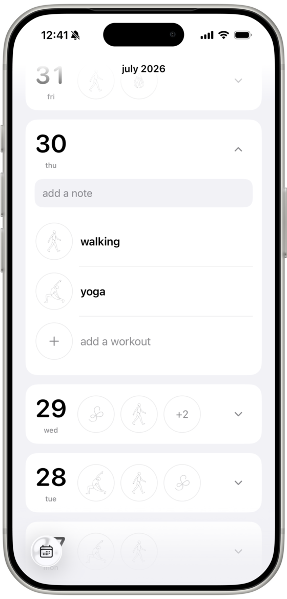 Calendar view with notes and workouts for a day