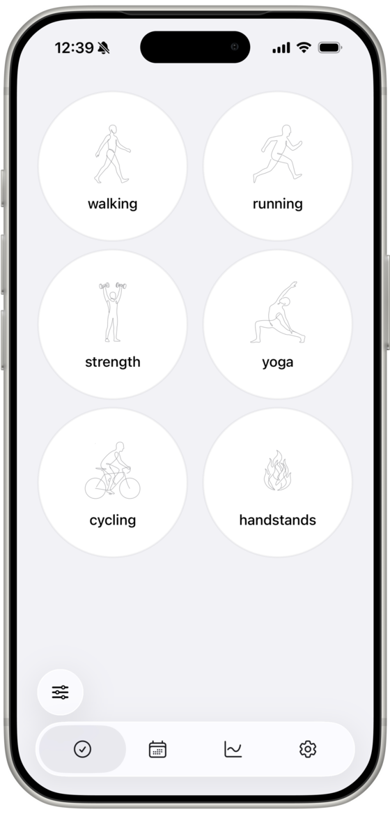 move app home screen with one-tap workout logging